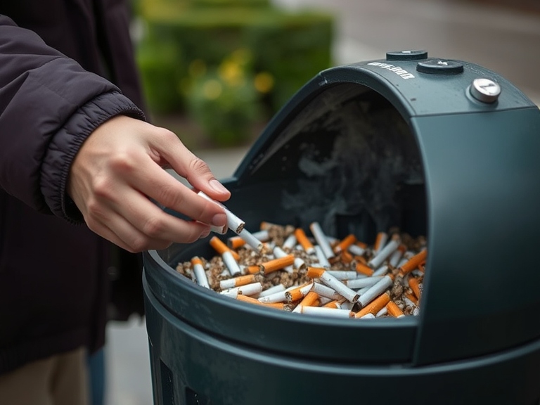 a person trashing ciger in a trash